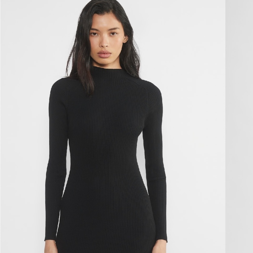Wilfred Classic Black Knit Long Sleeve Dress Mock Neck High Thigh Slit Sz M - Picture 2 of 15